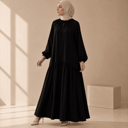 Ruffle Trim Pleated Relaxed Maxi Dress with Waist Tie(MA424) - A-1 Thread Vault