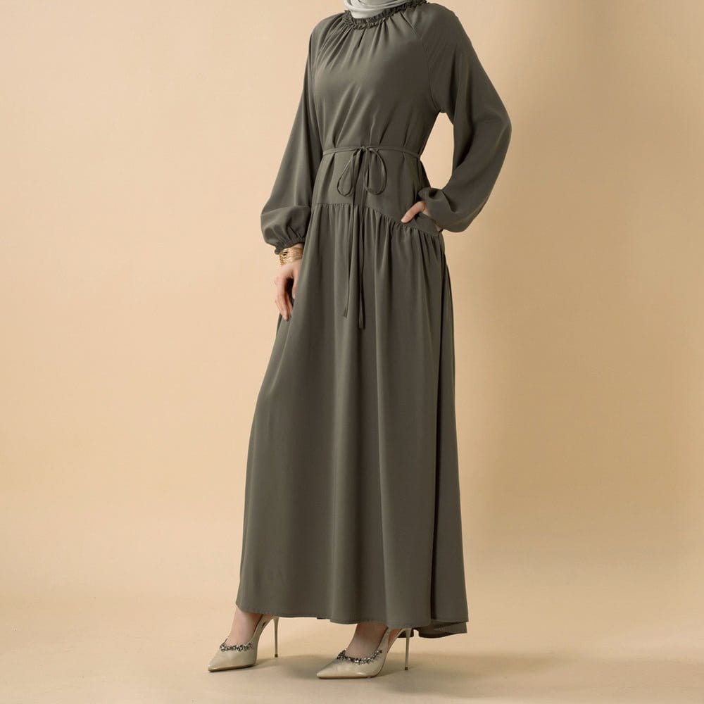 Ruffle Trim Pleated Relaxed Maxi Dress with Waist Tie(MA424) - A-1 Thread Vault