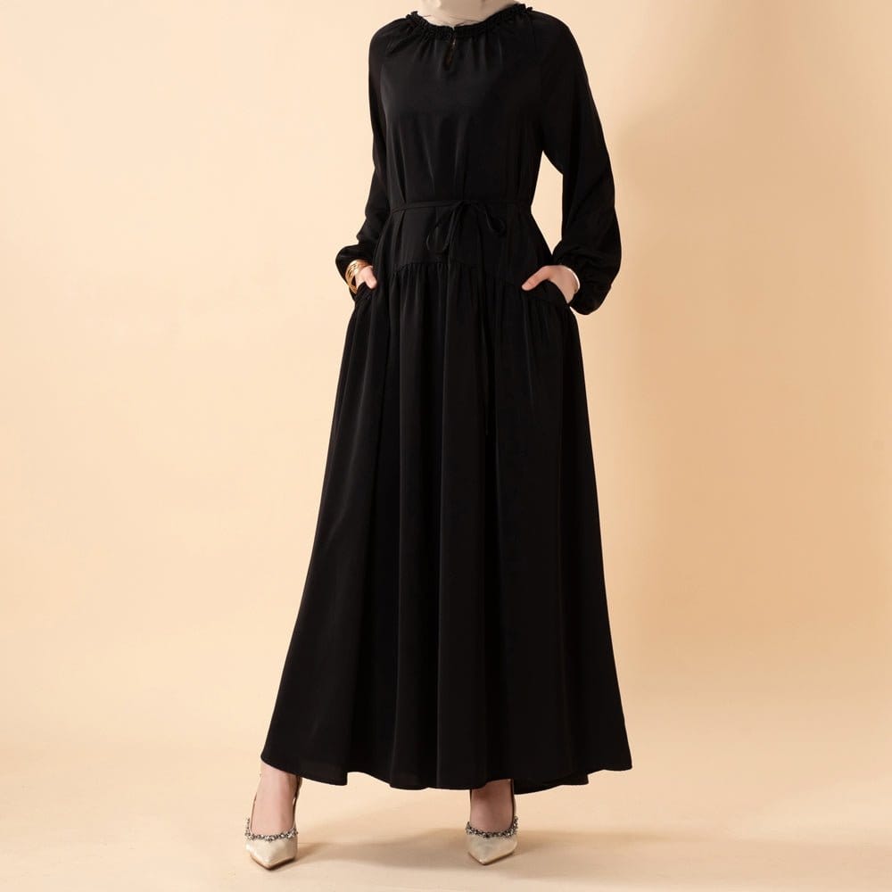 Ruffle Trim Pleated Relaxed Maxi Dress with Waist Tie(MA424) - A-1 Thread Vault