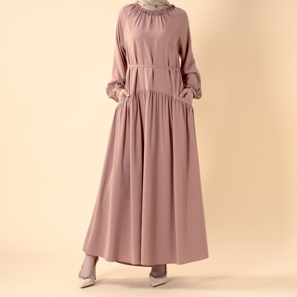 Ruffle Trim Pleated Relaxed Maxi Dress with Waist Tie(MA424) - A-1 Thread Vault