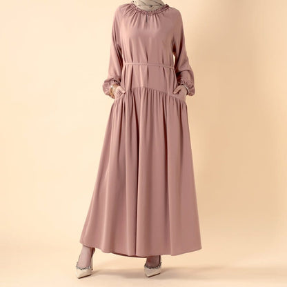 Ruffle Trim Pleated Relaxed Maxi Dress with Waist Tie(MA424) - A-1 Thread Vault