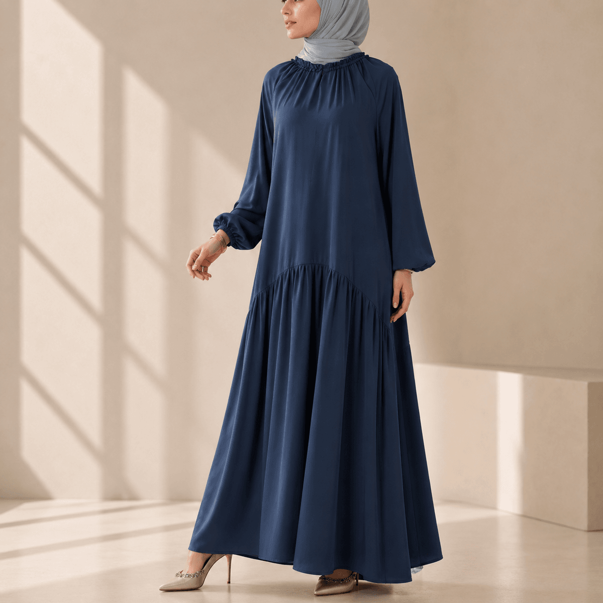 Ruffle Trim Pleated Relaxed Maxi Dress with Waist Tie(MA424) - A-1 Thread Vault