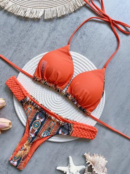 RUOTONSEPT Print Halter Mini Thong High Cut Bikini Female Swimsuit Women Swimwear Two-pieces Bikini set Bather Bathing Suit Swim - A-1 Thread Vault