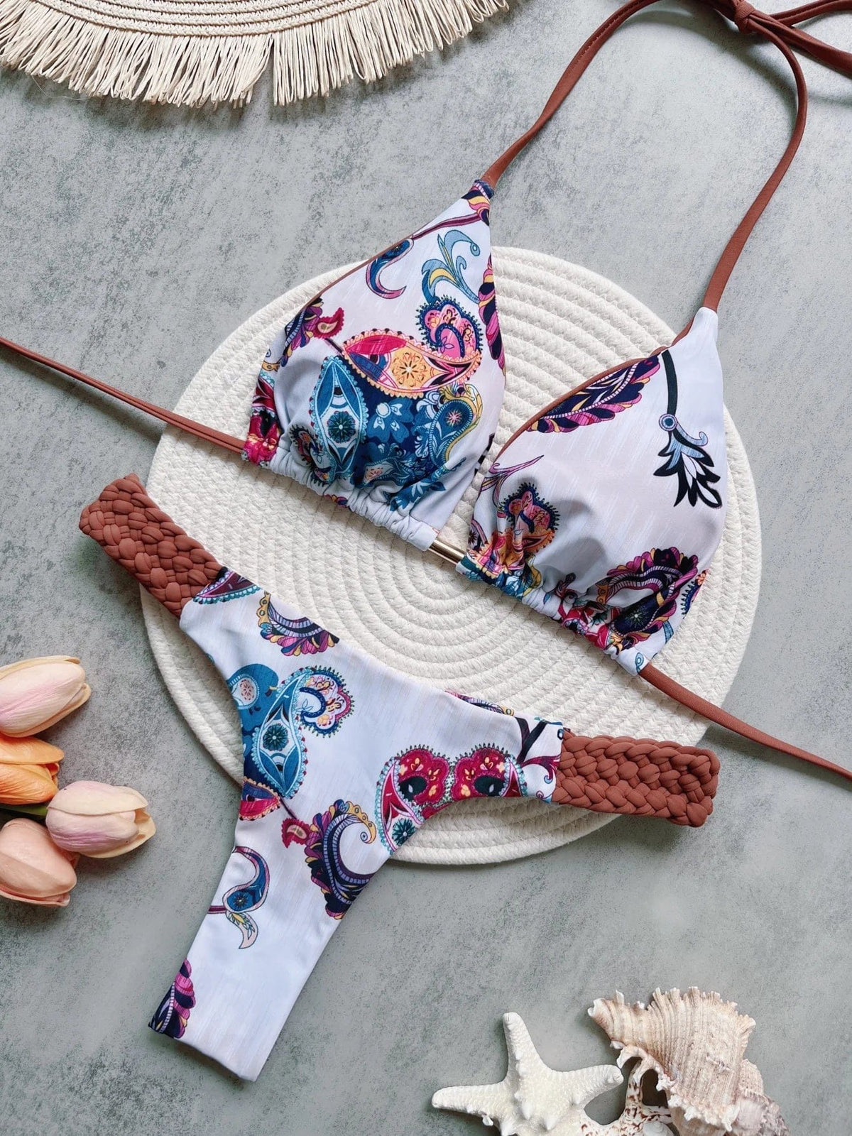 RUOTONSEPT Print Halter Mini Thong High Cut Bikini Female Swimsuit Women Swimwear Two-pieces Bikini set Bather Bathing Suit Swim - A-1 Thread Vault