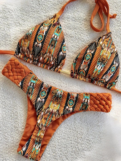 RUOTONSEPT Print Halter Mini Thong High Cut Bikini Female Swimsuit Women Swimwear Two-pieces Bikini set Bather Bathing Suit Swim - A-1 Thread Vault