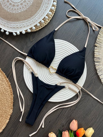 RUOTONSEPT Sexy Halter Solid color Bikini Set Women's Swimsuit Two-piece Triangle Thong Swimwear Bathing Suit Brazilian Biquinis - A-1 Thread Vault