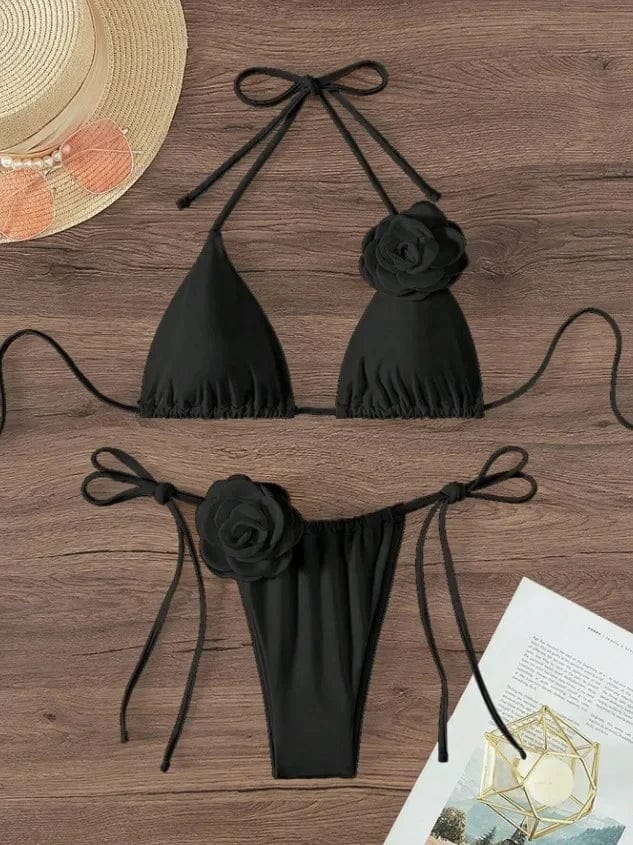 S - L Sexy 3D Flowers Halter Strappy Bikini Women Swimwear Female Swimsuit Two-pieces Bikini Set Bather Bathing Suit Swim - A-1 Thread Vault