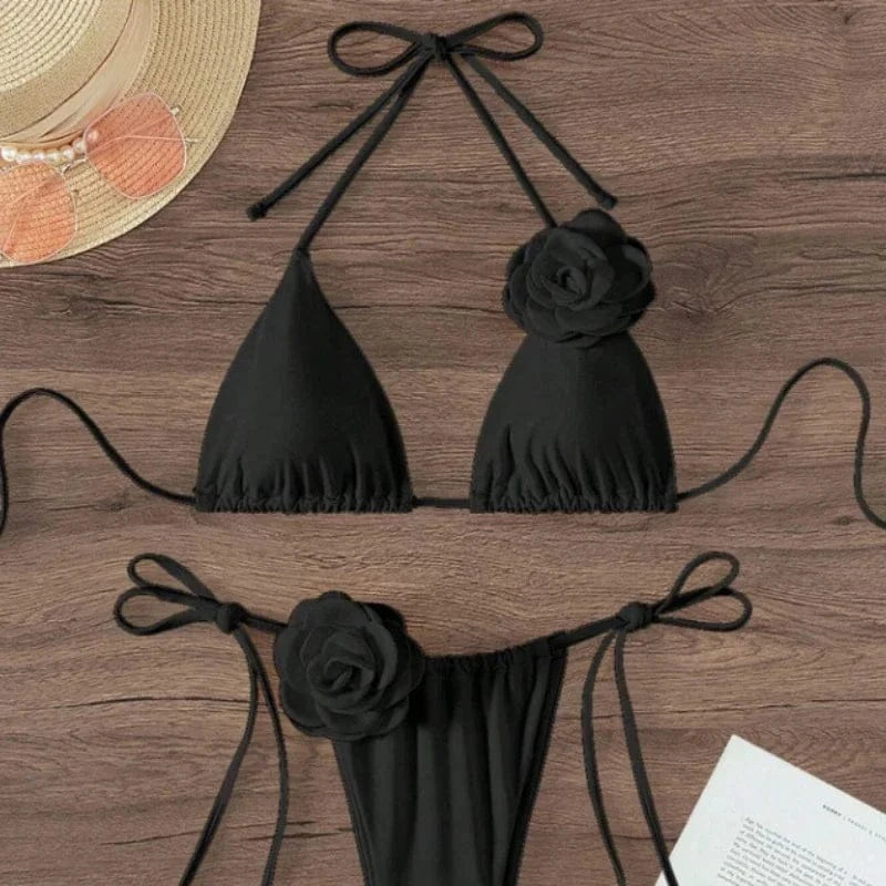 S - L Sexy 3D Flowers Halter Strappy Bikini Women Swimwear Female Swimsuit Two-pieces Bikini Set Bather Bathing Suit Swim - A-1 Thread Vault