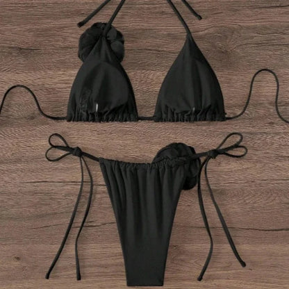 S - L Sexy 3D Flowers Halter Strappy Bikini Women Swimwear Female Swimsuit Two-pieces Bikini Set Bather Bathing Suit Swim - A-1 Thread Vault