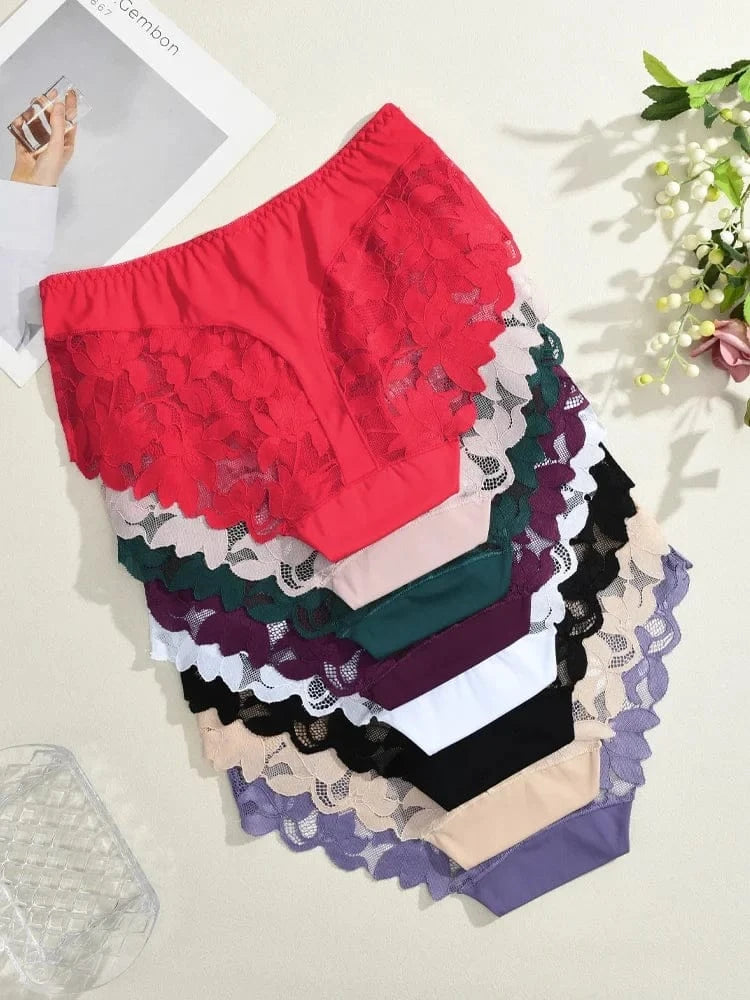S-XXL Women Lace Panties Patchwork Seamless Underwear Sexy Luxury Hollow Out Solid Briefs Girls' Mid Rise Breathable Lingerie - A-1 Thread Vault