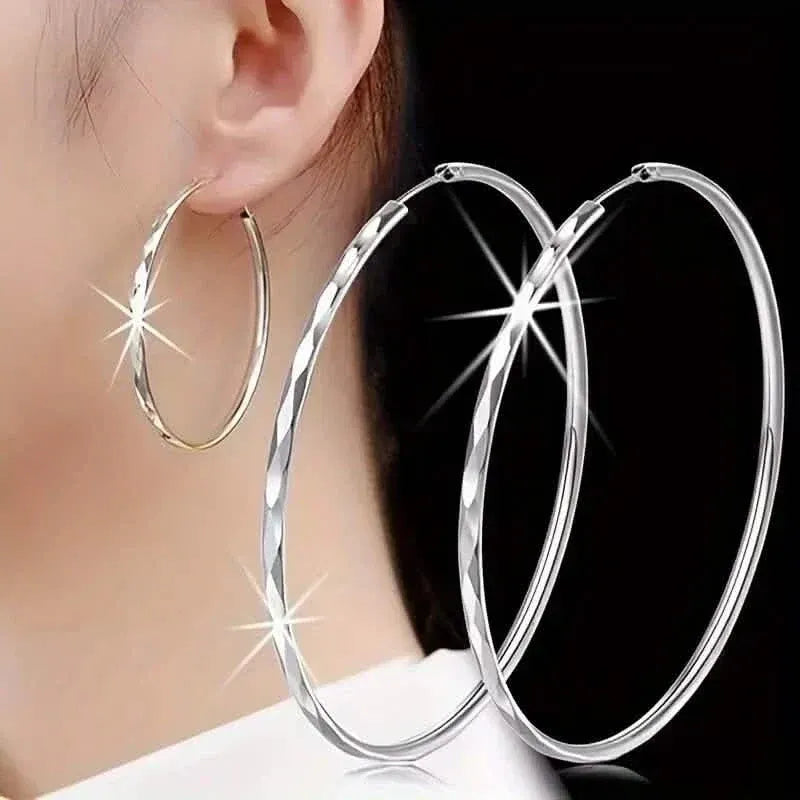 S925 Sterling Silver Hoop Earrings With Exaggerated Large Circle Diamond Pattern Hoop - A-1 Thread Vault