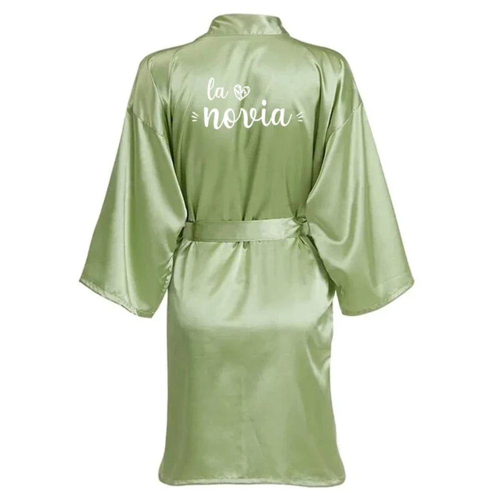 Sage Green Bridal Satin Robe Women Spanish Wedding Robe Novia Kimono Bride Party Bridesmaid Robes - A-1 Thread Vault