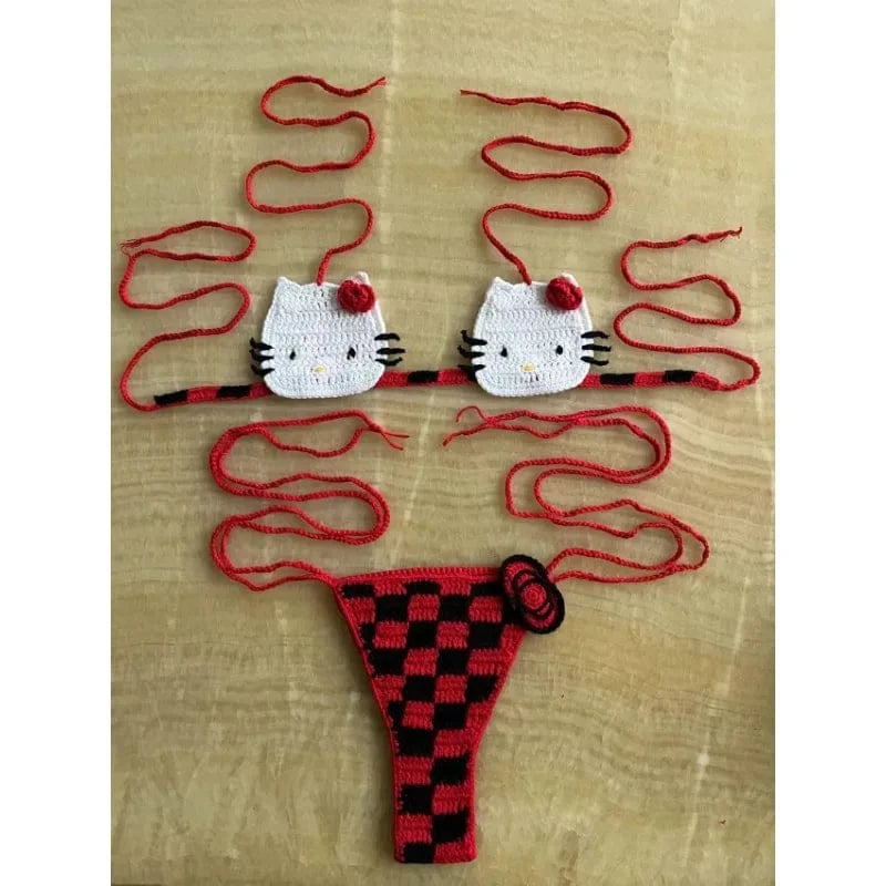 Sanrio Cute Bikini Set Crochet Girls Swimsuit Hello Kitty Sexy Bathing Suit Kwaii Women Swim Suit Bandage Micro Bikinis Swimwear - A-1 Thread Vault