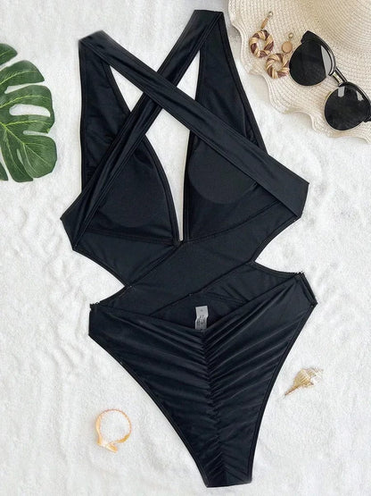 Scrunch Butt Swimsuits Deep V Neck Cross Backless One Piece Swimsuit Women Swimwear Female Monokini High Cut Bathing Suit Swim - A-1 Thread Vault