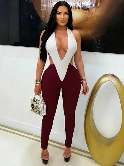 Sculpted Colorblock Plunge Halter Bodycon Jumpsuit - A-1 Thread Vault