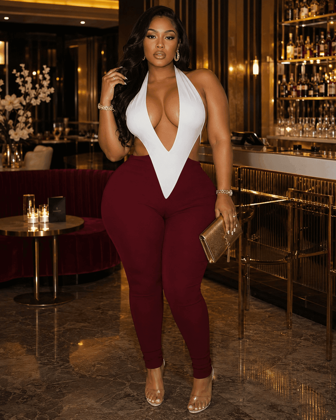 Sculpted Colorblock Plunge Halter Bodycon Jumpsuit - A-1 Thread Vault