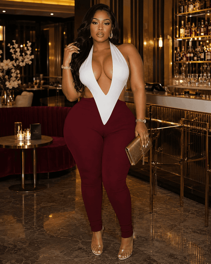 Sculpted Colorblock Plunge Halter Bodycon Jumpsuit - A-1 Thread Vault
