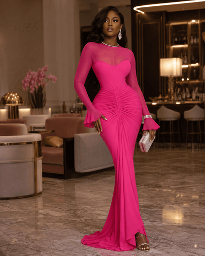 Sculpted Ruched Long Sleeve Mermaid Maxi Dress - A-1 Thread Vault