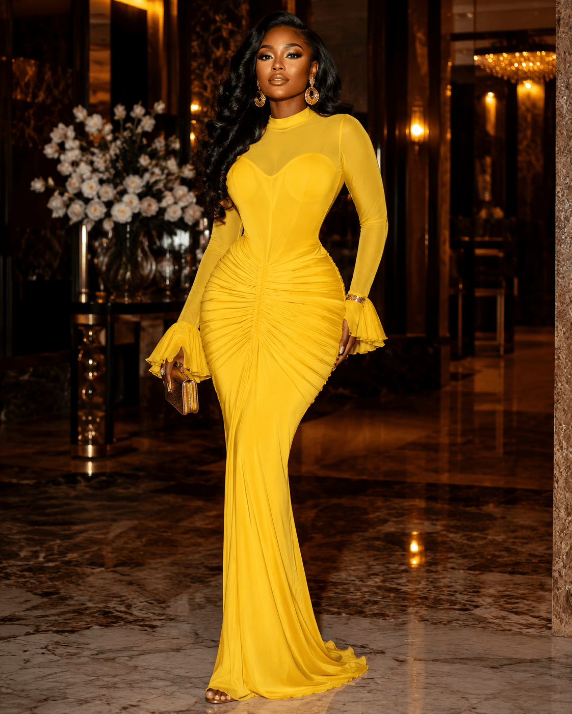 Sculpted Ruched Long Sleeve Mermaid Maxi Dress - A-1 Thread Vault