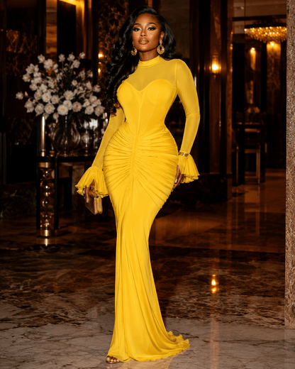 Sculpted Ruched Long Sleeve Mermaid Maxi Dress - A-1 Thread Vault