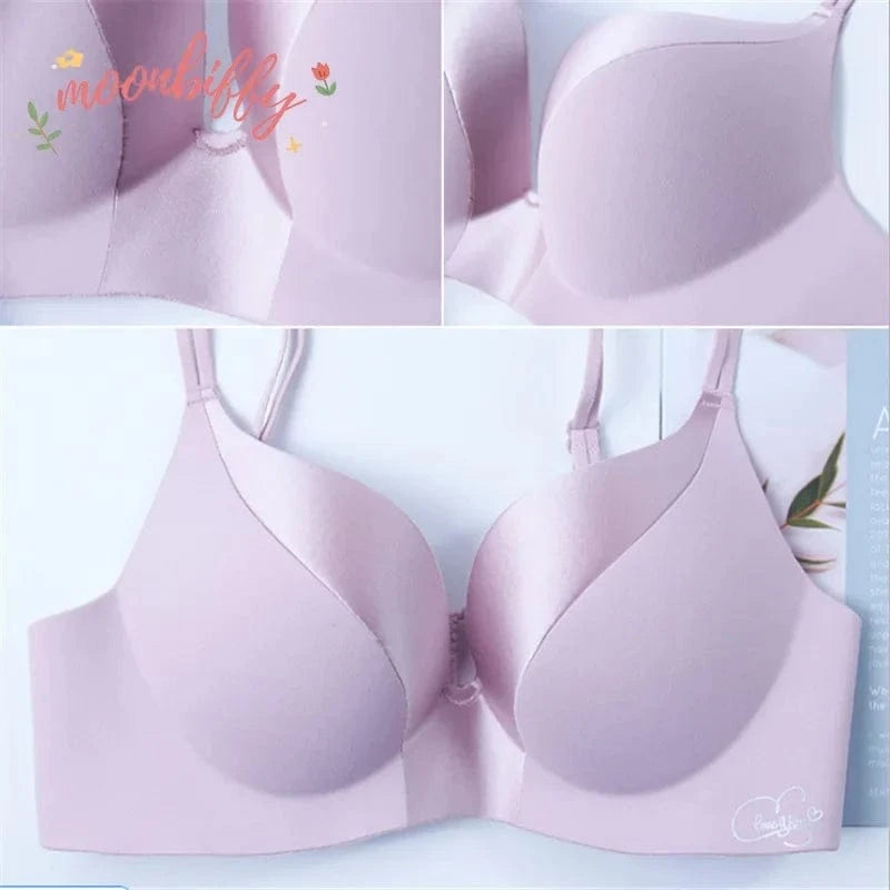 A light purple, seamless wireless bra with molded cups and adjustable spaghetti straps, shown in a product collage including close-up details of the center gore and cup texture.