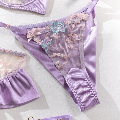 Sensual Women Lingerie Fancy Floral Sheen Silk Underwear Transparent Garter Exotic Sets Fairy Luxury Intimate Goods - A-1 Thread Vault