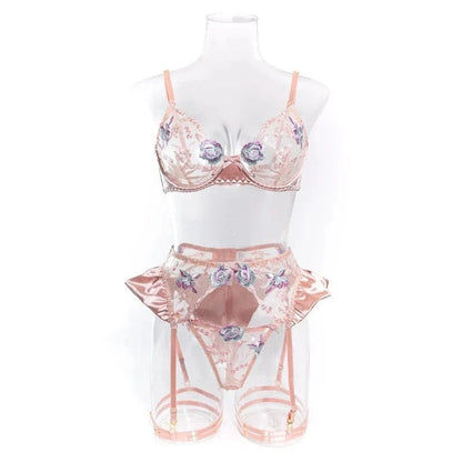 Sensual Women Lingerie Fancy Floral Sheen Silk Underwear Transparent Garter Exotic Sets Fairy Luxury Intimate Goods - A-1 Thread Vault