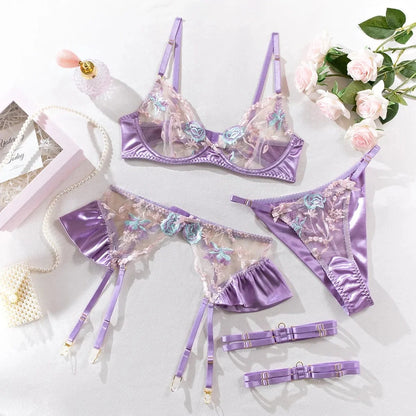 Sensual Women Lingerie Fancy Floral Sheen Silk Underwear Transparent Garter Exotic Sets Fairy Luxury Intimate Goods - A-1 Thread Vault