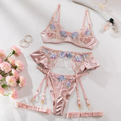 Sensual Women Lingerie Fancy Floral Sheen Silk Underwear Transparent Garter Exotic Sets Fairy Luxury Intimate Goods - A-1 Thread Vault