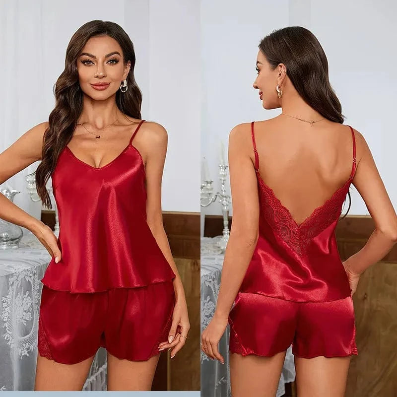Sexy Backless Deep V Lace Luxury Summer Sleepwear Set Soft Satin Pajamas Set for Women Comfortable Short Sleeve Cami & Shorts - A-1 Thread Vault