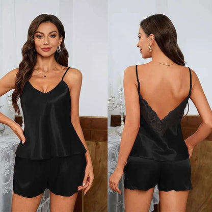 Sexy Backless Deep V Lace Luxury Summer Sleepwear Set Soft Satin Pajamas Set for Women Comfortable Short Sleeve Cami & Shorts - A-1 Thread Vault