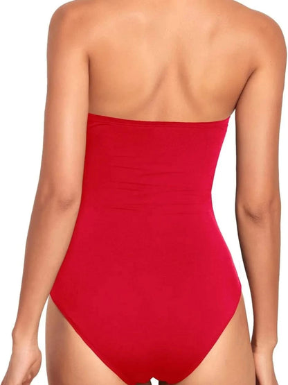 A strapless red bodysuit viewed from the back against a white background.