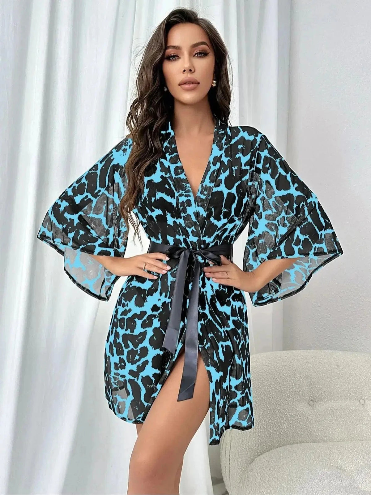 Sexy Bathrobe Allover Leopard Print Nightdress Mesh Nightwear Cozy Bridesmaid Wedding Party Belted Robe - A-1 Thread Vault