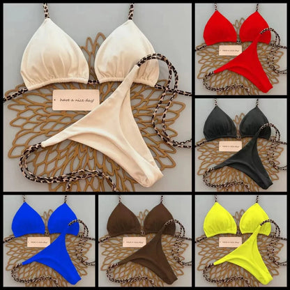 Sexy Bikini Women's Swimsuit Strap Halter Neck Triangle Cup Beachwear Pure Color Cheeky Two Piece Swimsuits Bathing Swimwear - A-1 Thread Vault