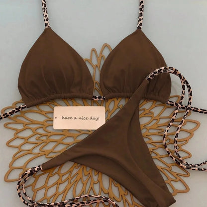 Sexy Bikini Women's Swimsuit Strap Halter Neck Triangle Cup Beachwear Pure Color Cheeky Two Piece Swimsuits Bathing Swimwear - A-1 Thread Vault