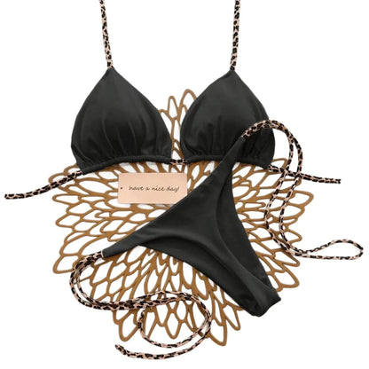 Sexy Bikini Women's Swimsuit Strap Halter Neck Triangle Cup Beachwear Pure Color Cheeky Two Piece Swimsuits Bathing Swimwear - A-1 Thread Vault
