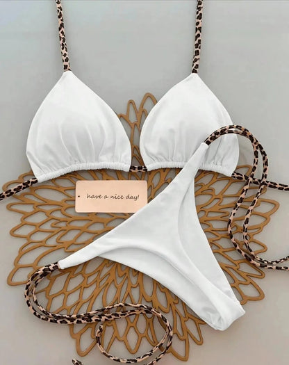 Sexy Bikini Women's Swimsuit Strap Halter Neck Triangle Cup Beachwear Pure Color Cheeky Two Piece Swimsuits Bathing Swimwear - A-1 Thread Vault