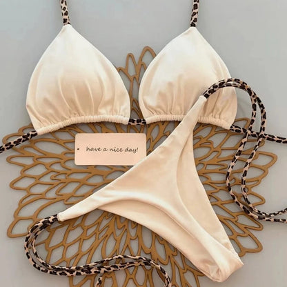 Sexy Bikini Women's Swimsuit Strap Halter Neck Triangle Cup Beachwear Pure Color Cheeky Two Piece Swimsuits Bathing Swimwear - A-1 Thread Vault