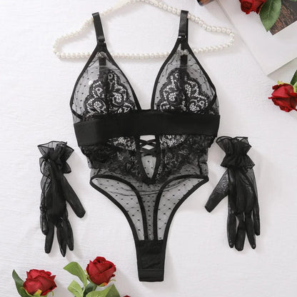 Sexy Black Bodysuit Women Skinny Wave Dot Mesh Lace Splice Lace Embroidery Underwire One Pieces Body Shaper Top Romper - A-1 Thread Vault