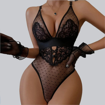 Sexy Black Bodysuit Women Skinny Wave Dot Mesh Lace Splice Lace Embroidery Underwire One Pieces Body Shaper Top Romper - A-1 Thread Vault