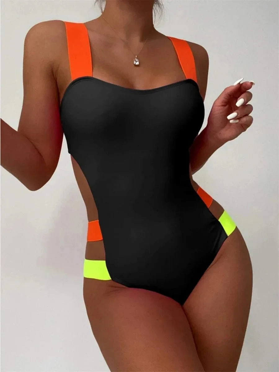 Sexy Black Contrast One Piece Swimsuit 2025 Women Neon Strap Hollow Out Backless Monokini Summer Bathing Suit Patchwork Swimwear - A-1 Thread Vault
