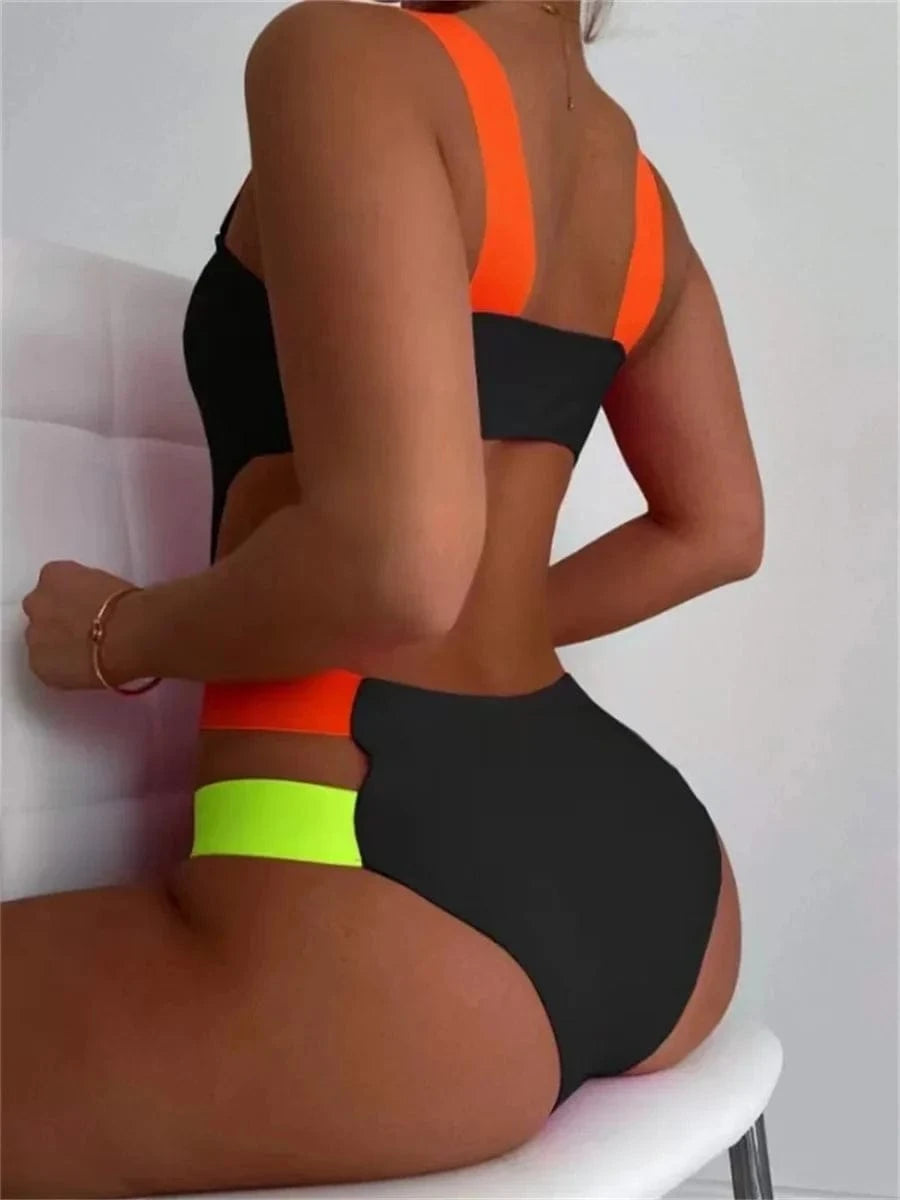 Sexy Black Contrast One Piece Swimsuit 2025 Women Neon Strap Hollow Out Backless Monokini Summer Bathing Suit Patchwork Swimwear - A-1 Thread Vault