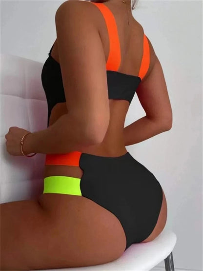 Sexy Black Contrast One Piece Swimsuit 2025 Women Neon Strap Hollow Out Backless Monokini Summer Bathing Suit Patchwork Swimwear - A-1 Thread Vault