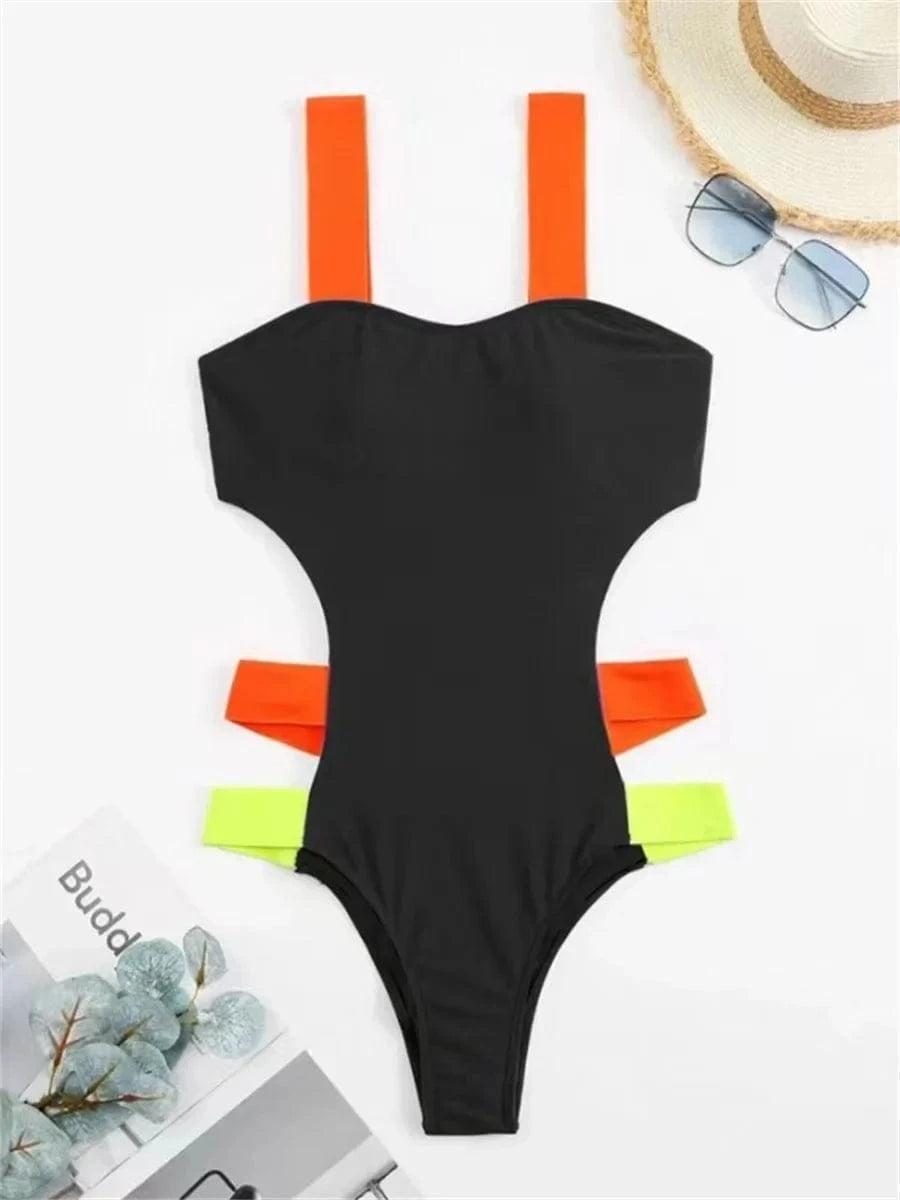 Sexy Black Contrast One Piece Swimsuit 2025 Women Neon Strap Hollow Out Backless Monokini Summer Bathing Suit Patchwork Swimwear - A-1 Thread Vault