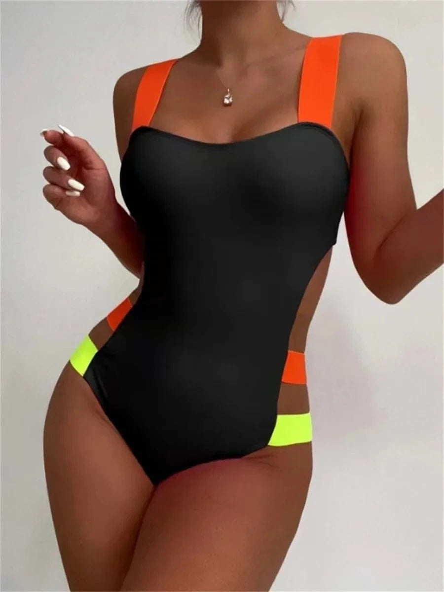 Sexy Black Contrast One Piece Swimsuit 2025 Women Neon Strap Hollow Out Backless Monokini Summer Bathing Suit Patchwork Swimwear - A-1 Thread Vault