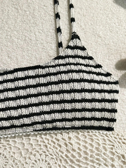 Sexy Black Striped Bikinis 2025 Women Halter Pleate Push Up Micro Swimsuit Brazilian Beach Bathing Suit Holiday Thong Swimwear - A-1 Thread Vault