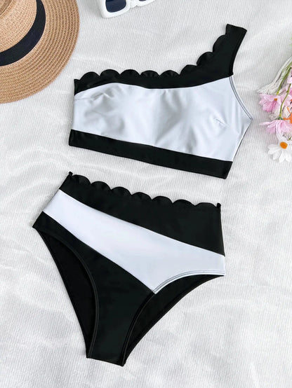 Sexy Black White Patchwork Bikini Women Ruffles One Shoulder Push Up High Waist Swimsuit Summer Bathing Suit Vacation Swimwear - A-1 Thread Vault