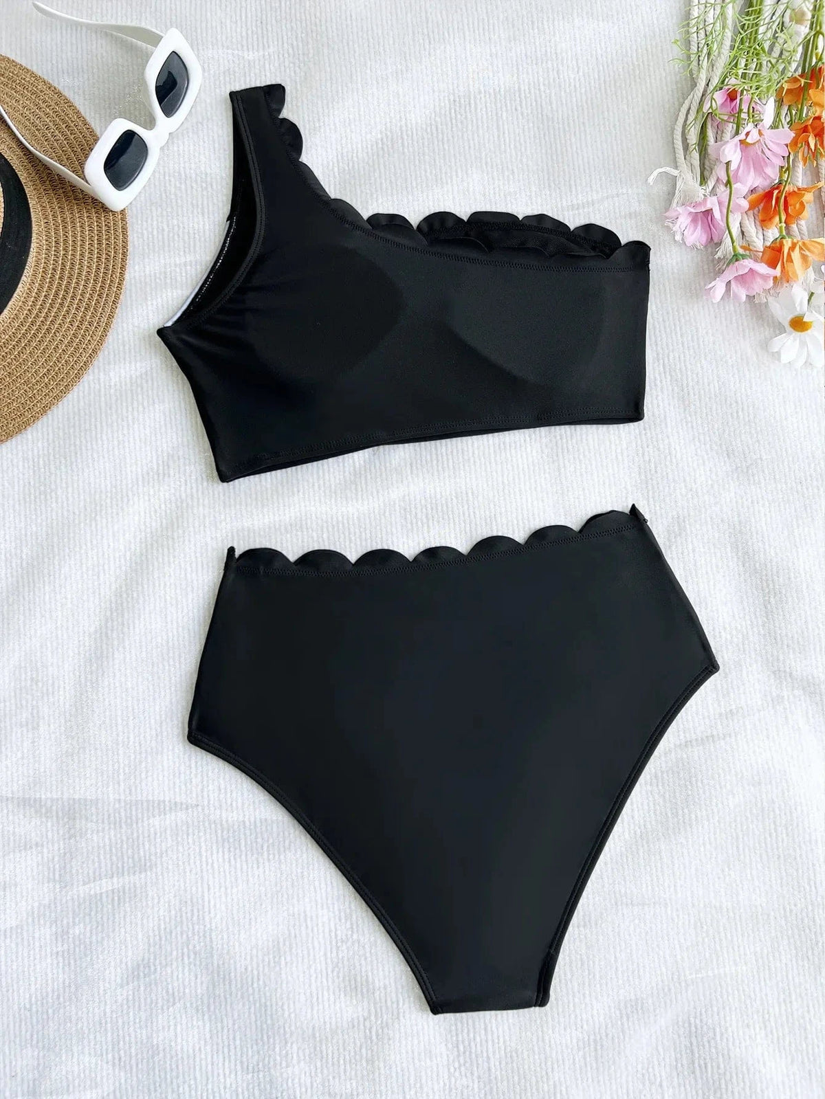 Sexy Black White Patchwork Bikini Women Ruffles One Shoulder Push Up High Waist Swimsuit Summer Bathing Suit Vacation Swimwear - A-1 Thread Vault