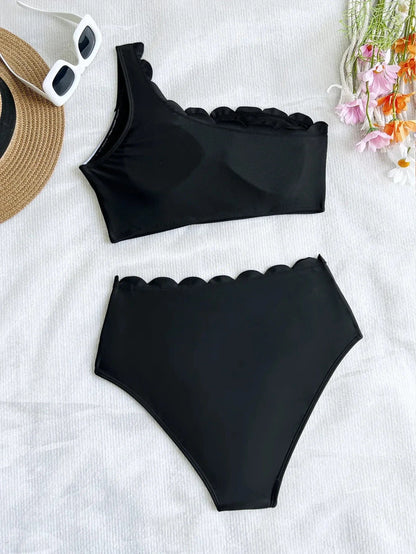 Sexy Black White Patchwork Bikini Women Ruffles One Shoulder Push Up High Waist Swimsuit Summer Bathing Suit Vacation Swimwear - A-1 Thread Vault