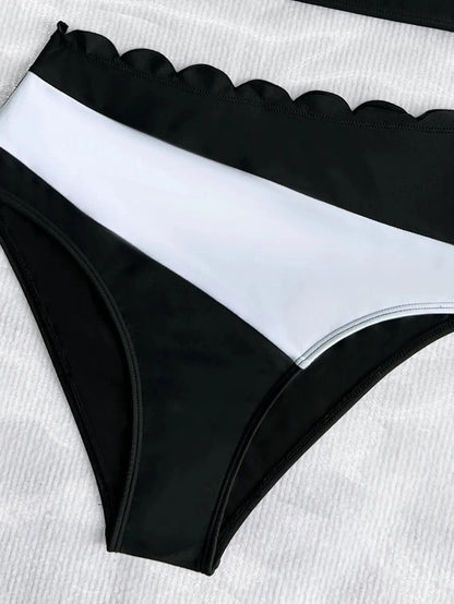 Sexy Black White Patchwork Bikini Women Ruffles One Shoulder Push Up High Waist Swimsuit Summer Bathing Suit Vacation Swimwear - A-1 Thread Vault